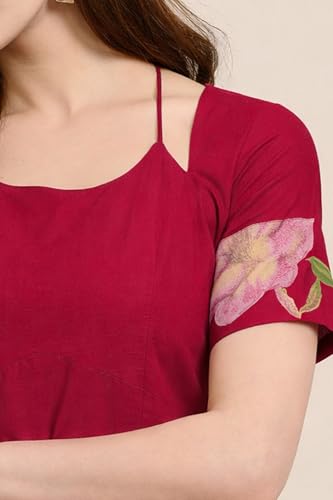 Image of Women's Floral Pure Cotton V-Neck Short Kurti (Has Lining) | Lightweight Short Sleeve Tunic | Breathable Stylish Casual & Office Wear Top