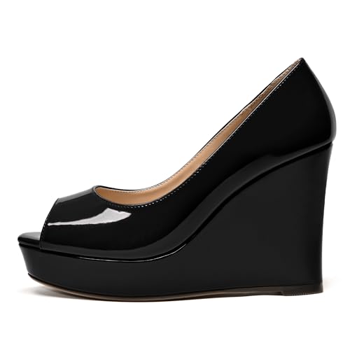WAYDERNS Womens Slip On Patent Peep Toe Solid Wedding Dress Wedge High Heel Pumps Shoes 4 Inch Platform2