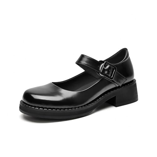 Loafers for Women BeauToday Women's Handmade Mary Janes Cow Leather Round Toe Flats with Buckle Strap for Uniforms