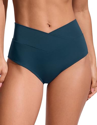 Image of CRZ YOGA V-Shaped High Waited Bikini Bottoms | Mid Cut Leg, Medium Bum Coverage, Cross Front, Swim, Bathing Suit Briefs for Women