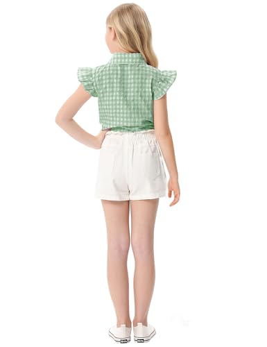 Image of Girls Sleeveless Plaid Button Down Shirt Summer Crop Tops Tie Knot Ruffle Sleeve Shirt Blouse 3-12Y