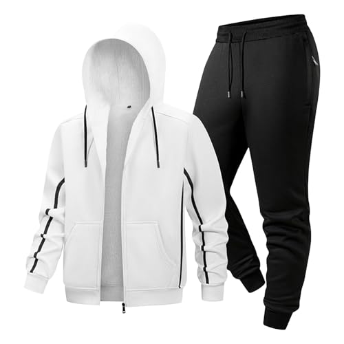 ジャージ メンズ 上下セット ジッパーアウター 裏起毛 トレーナー 防風 防寒 スウェット ゆったり 厚手 暖かい 無地 前開き フード付き あたたかい スウェットパンツ ポケット付き 通勤 通学 普段着 冬服(L,ホワイト)