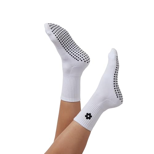 Women's Pilates Grip Socks with Flower Embroidery | Non-Slip Crew Socks for Women for Yoga, Barre, Pilates3