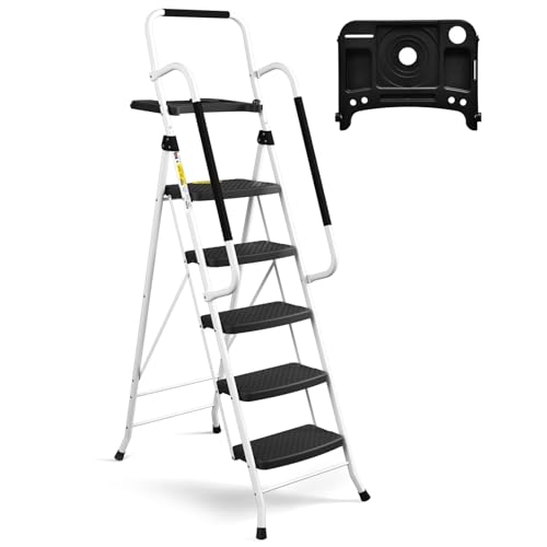 HBTower Trittleiter 5 Stufen Klappbar mit Handlauf, Leiter mit Werkzeugtasche, Gummigriffen an beiden Seiten, Rutschfestem Design, Aus hochwertigem Legierungsstahl, Tragfähigkeit bis 150kg