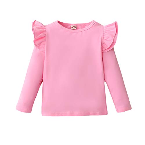 LYSMuch Toddler Baby Girls T Shirt Ruffle Long Sleeve Top Kids Cotton Tshirt Solid Color Blouse (Pink, 4-5T)