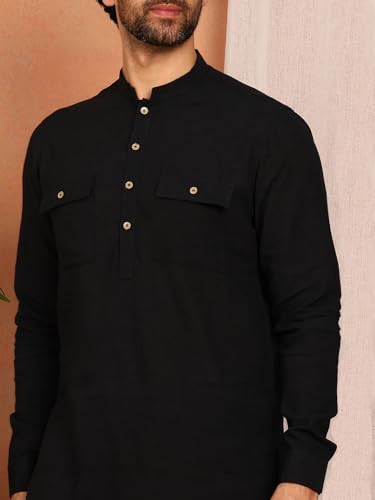 Image of See Designs Men's Full Sleeve Mandarin Collar Linen Solid Pathani Set