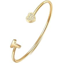 VQYSKO Heart Initial Cuff Bracelets for Woman-CZ Stainless Steel Adjustable Open Bracelet Woman Jewellery,Birthday Gifts for Woman