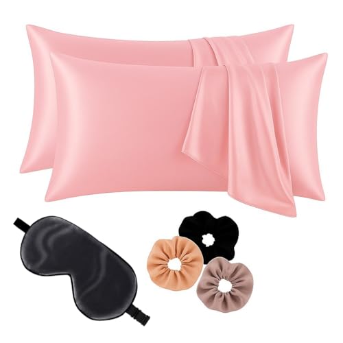 Image of Premium Satin Pillowcase Set of 2 with Eye Mask & 3 Scrunchies | Silky Soft, Anti-Frizz, Skin & Hair Care Sleep Set | Luxury Gift Combo for Women & Girls (Pink)