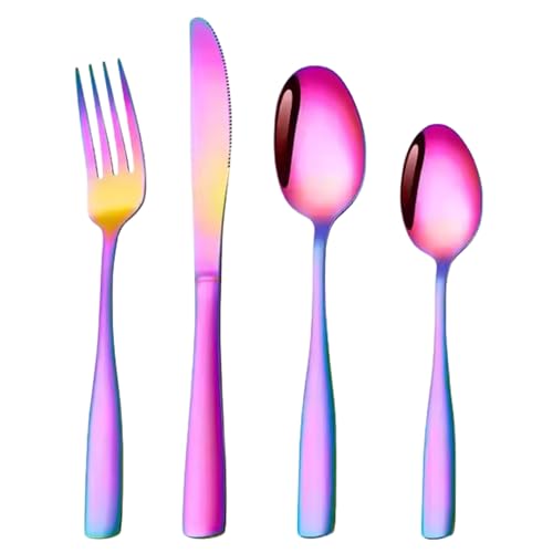 Image of aDai Rainbow Silverware Set, Satin Finish | 4-Piece Stainless Steel Flatware Set | Dishwasher Safe Kitchen Cutlery for Home, Restaurant & Gifting