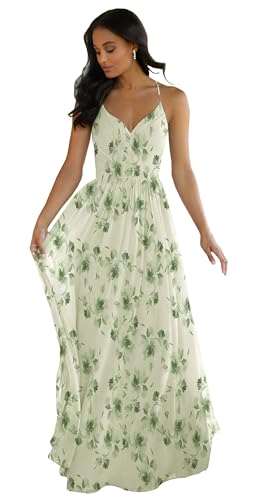 Image of LANGKAAO Women's V Neck Bridesmaid Dresses Long for Wedding A-Line Chiffon Open Back Formal Gown with Pockets