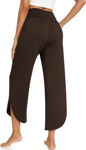 Image of TARSE Women's Wide Leg Yoga Pants Cross High Waist Flowy Split with Pockets | Comfy Lightweight Stretch, Flare Hem Cropped, Loose Dance Pants, Travel & Lounge, Everyday Casual Wear