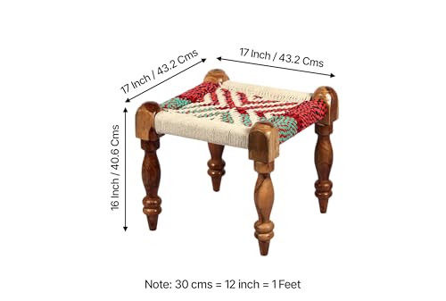 Ikiriya Hamilton Sheesham Wood 2 Seater Maachi Bench Set with 2 Stools for Living Room Home and Garden- Assorted Chindi & White Rope Canning (Teak Finish) - 17 x 48 x 16 Inch