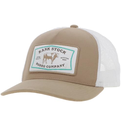 HOOEY Rank Stock Trucker Hat for Men – Adjustable Snapback, Breathable Mesh Baseball Cap - Western Trucker Hat - One-Size - Bucking Beef & Rodeo Company Patch Design - Tan/White