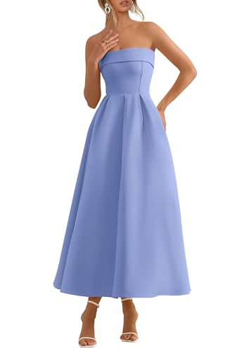 PRETTYGARDEN Cocktail Dresses for Women 2026 Summer Formal Elegant Tube Top Strapless Spring Wedding Guest Party Midi Dress(Light Blue,Large)