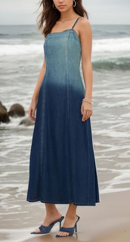 CHARTOU Women Flowy Denim Dress Spaghetti Straps Back Smocked Gradient Jean Beach Vacation Long Dress Going Out3
