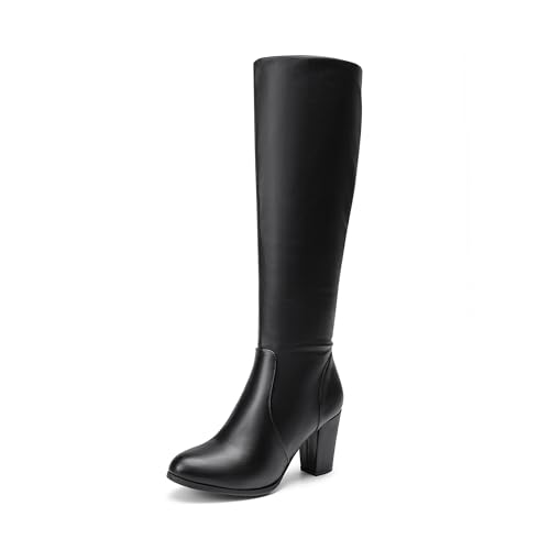 DREAM PAIRS Women's Chunky Heel Knee High Boots 6 Black/Pu