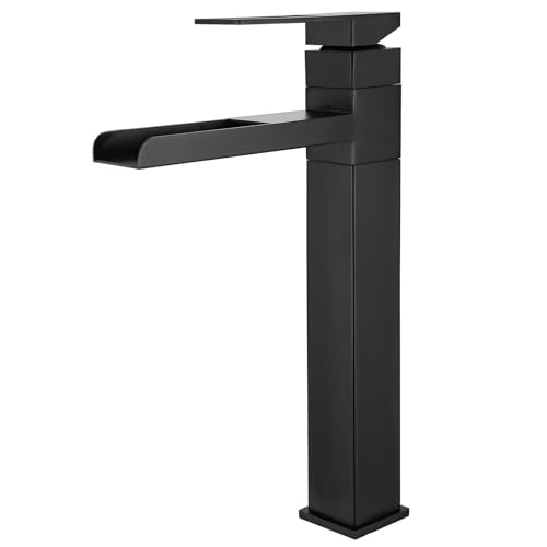 SHANFO Robinet Lavabo Haut, Robinet Salle Bain Cascade, Mitigeur Lavabo Rotatif 360°, Mitigeur pour Vasque, Réglable Chaud et Froid, Noir, 6M3OK-T