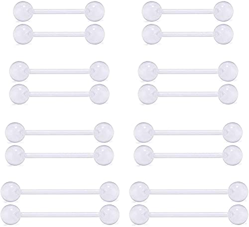 FECTAS 16pcs Barres de Mamelon de la Langue Transparentes Retraiteurs 14g Plastique Bioflex Barbell 12-18mm Piercing Flexible