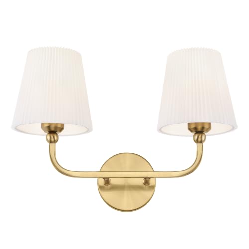 Image of 2-Light Brushed Gold Bathroom Vanity Light, Pleated Fabric Shade