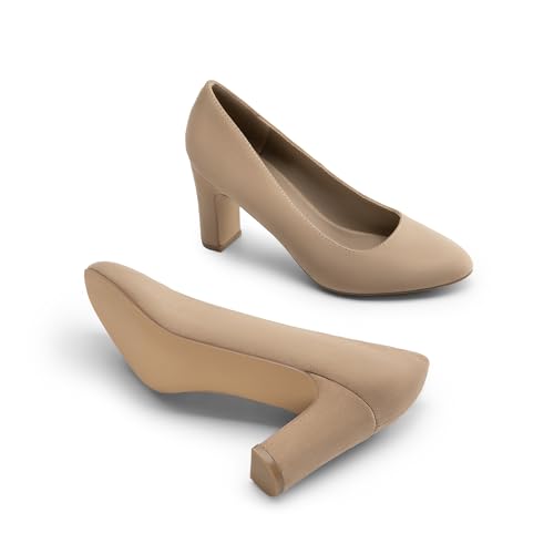 DREAM PAIRS DREAM PAIRS Women's Block Heels Closed Toe High Chunky Rounded Toe Pumps Comfortable Slip On Work Shoes,Size 7.5,Khaki,DWUMPU2515