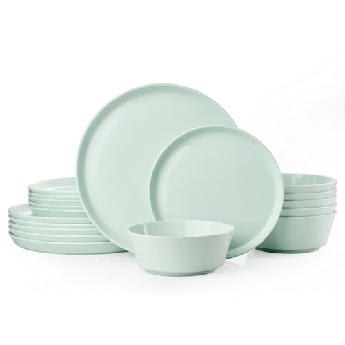 Image of KINGSTONE 18-Piece Bone China Dinnerware Sets, Mint Green | Lightweight Plates & Bowls Set | Straight Rim Bowl Dinner Set | Scratch Resistant | Microwave & Dishwasher Safe | Serves 6