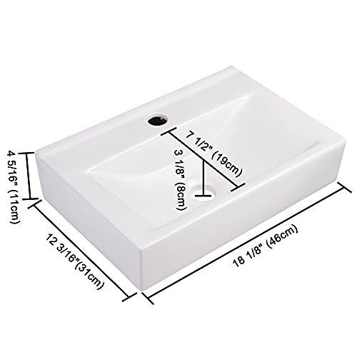 Aquaterior 18" X 12" Modern Rectangle Bathroom Vessel Sink And Drain Combo Wall Mount Ceramic Porcelain Washing Basin Counter Top Lavatory White #TOP6