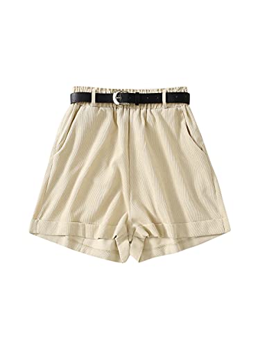 SOLY HUX Women s Elastic High Waisted Corduroy Belted Shorts with Pocket Beige M