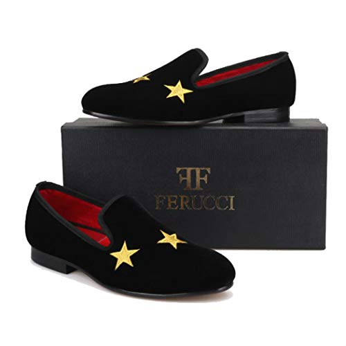 FERUCCI Handmade Men Black Velvet Slippers Flats Loafers with Gold Stars2