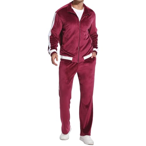 Navisting Men's Velour Tracksuit Zip-Up Jacket Striped Velvet Sweatsuit 2 Piece Casual Outfits Fitness Set Gym Outfits Burgundy L