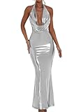 Memoriesea Women's Luxury Metallic Halter Neck Bodycon Party Evening Gown Maxi Dress Silvery