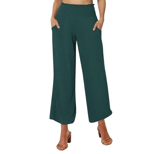 Hesxuno Women Long Linen Pants Casual Loose High Waist Drawstring Wide Leg Palazzo Pants Trousers with Pockets Cropped Pants, Blue, XX-Large