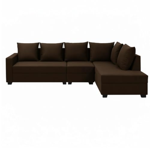 Image of FURNY Gloria 6 Seater Fabric RHS L Shape Sofa Set (Dark Brown) Premium Velvet Finish | Durable Comfort | Ideal for Living Room