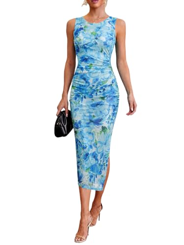 Image of oten Women's Floral Bodycon Midi Dress Ruched Mesh Sleeveless Summer Wedding Guest Cocktail Party Dress with Slit