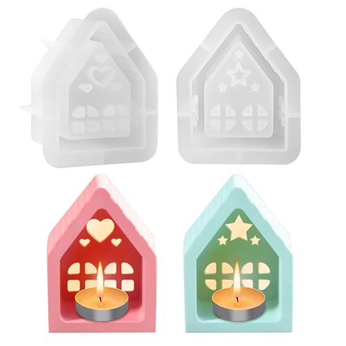YARVPUV 2 Stück Silikonformen Gießformen Häuser Stern und Herz Silikonform Haus Weihnachten DIY Set Gießformen Silikon für Kerzenherstellung, Handgefertigte Seife und Handwerk