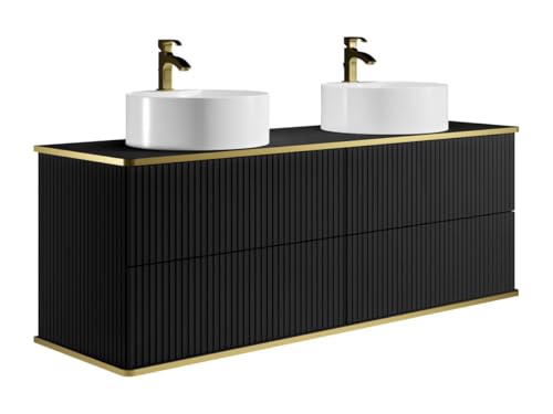 Vente-unique - Meuble de Salle de Bain Suspendu strié liseré doré avec Double Vasque à Poser Ronde et 4 tiroirs - Noir - 150 cm - KELIZA