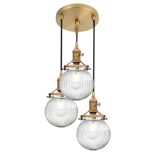 Image of Phansthy Kitchen Island Lighting, 3 Lights Linear Chandeliers, Hanging Light with 5.9 inch Globe Striped Glass Shade, 3-Light Pendant Light Fixtures for Dining Room Farmhouse (Antique Gold, Round Base)