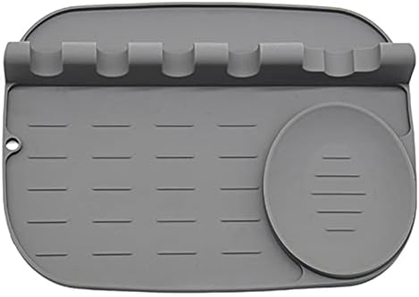 Silicone Spoon Rest 2 in 1 Larger Size Utensil Rest for Kitchen Counter Stove Top, Upgraded Spoon Holder with Drip Pad Include 4 Slots & 1 Spoon Holder, Gray