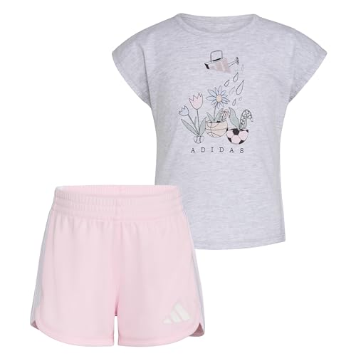 Image of adidas Girls' Graphic Heather Tee Shirt and Mesh Short Set