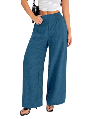 Image of Sugathari Women's Casual Wide Leg Pants - High Waist Elastic Waistband Loose Fit Long Trousers | Lightweight Straight Leg Summer PantsTrouser 254