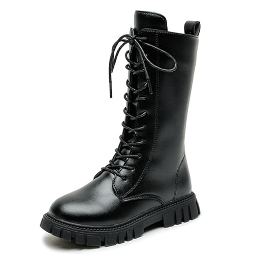 BANGTEUO Girls Lace Up Mid Calf Combat Boots Fashion Round Toe Side Zipper Lug Sole Punk Goth Boot For Toddler Little Kid Big Kid (Black,numeric_12)