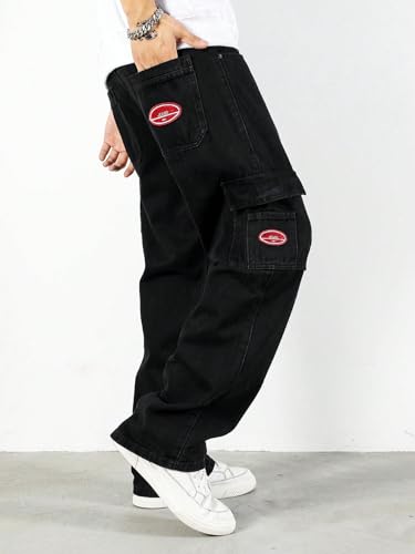 OYOANGLE Men's Cargo Jeans Embroidered Flap Pocket Straight Leg Denim Cargo Pants4