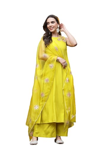 Image of Stylum Women's Solid & Embellished Rayon Flared Kurta Palazzo Dupatta Set