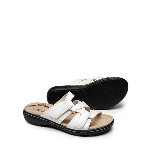 DREAM PAIRS DREAM PAIRS Womens Slides Arch Support Slip on Flat Sandals Plantar Fasciitis Soft Cushion Slippers With Adjustable Straps,Size 10,White,SDSS2412W