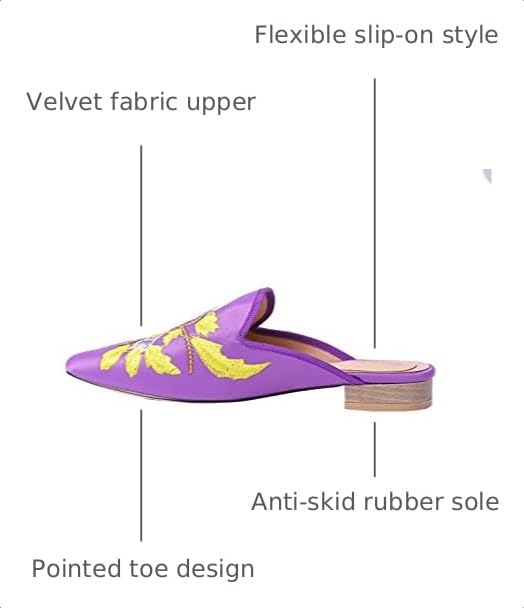 Image of Fericzot Women's Velvet Backless Pointed Toe Slip On Loafers Flats Embroidery Mule Slippers Shoes