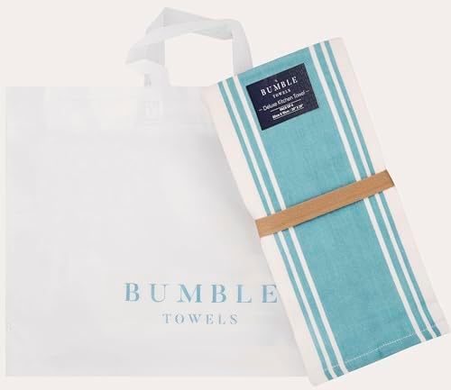 Premium Kitchen Towels (20”x 28”, 6 Pack) | Large Cotton Dish Towels | Flat & Terry Highly Absorbent Kitchen Linen Set with Hanging Loop | Wide Stripe Aqua