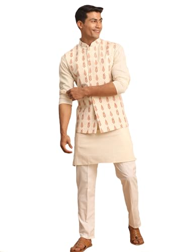 Vastramay Leaf Pattern Cotton Nehru Jacket with Kurta and Pyjama ...