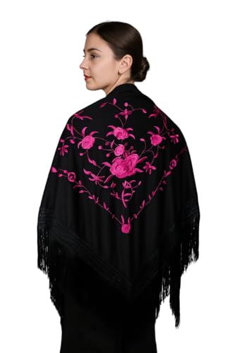 Châle espagnol broderies florales roses et franges de qualité supérieure
