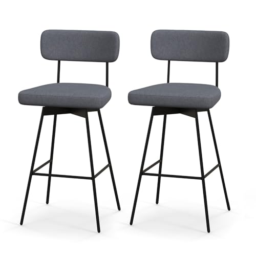 Juego de 2 butacos de bar COSTWAY, sillas altas tapizadas con respaldo, giratorias 360° con patas metálicas reforzadas y reposapiés, asiento de tela para isla de cocina, comedor o bar (gris) miniatura 1