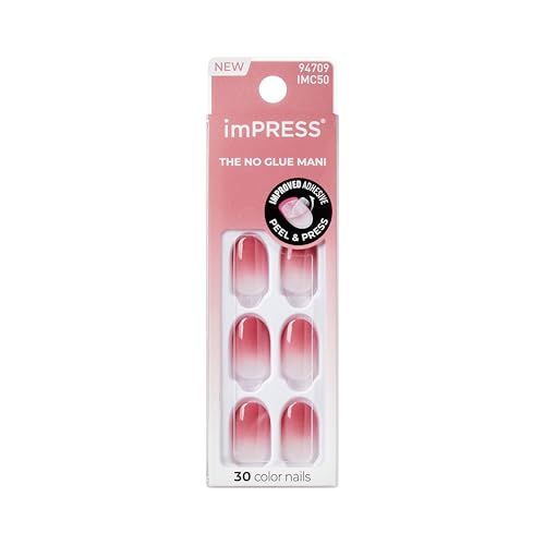 Impress Color Ombre Press On Nails Beat The Heat Pink Short Oval PureFit Technology Patented Super Hold Adhesive Chip Proof Smudge Proof Mini Nail File Manicure Stick & 30 Fake Nails