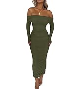 PRETTYGARDEN Women's Fall Off The Shoulder Maxi Dress Spring Long Sleeve Ruched Fitted Bodycon Cl...